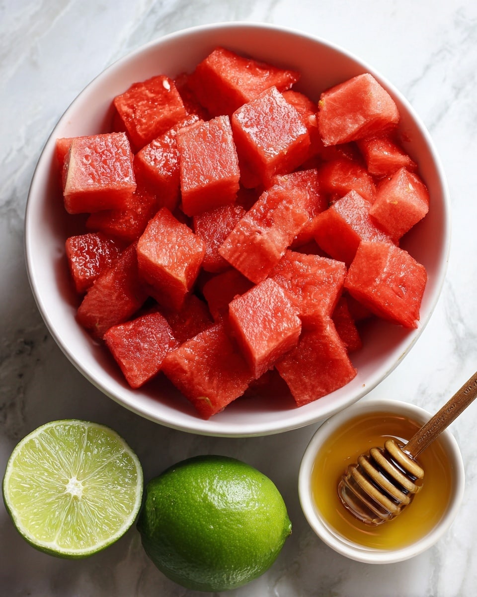 A white bowl filled with bright red watermelon cubes sits on a white marbled surface. To the right of the bowl is a small white cup containing golden honey. Below, two green limes are placed side by side, one cut in half showing its juicy inside. The overall look is fresh and colorful with smooth textures. photo taken with an iphone --ar 4:5 --v 7