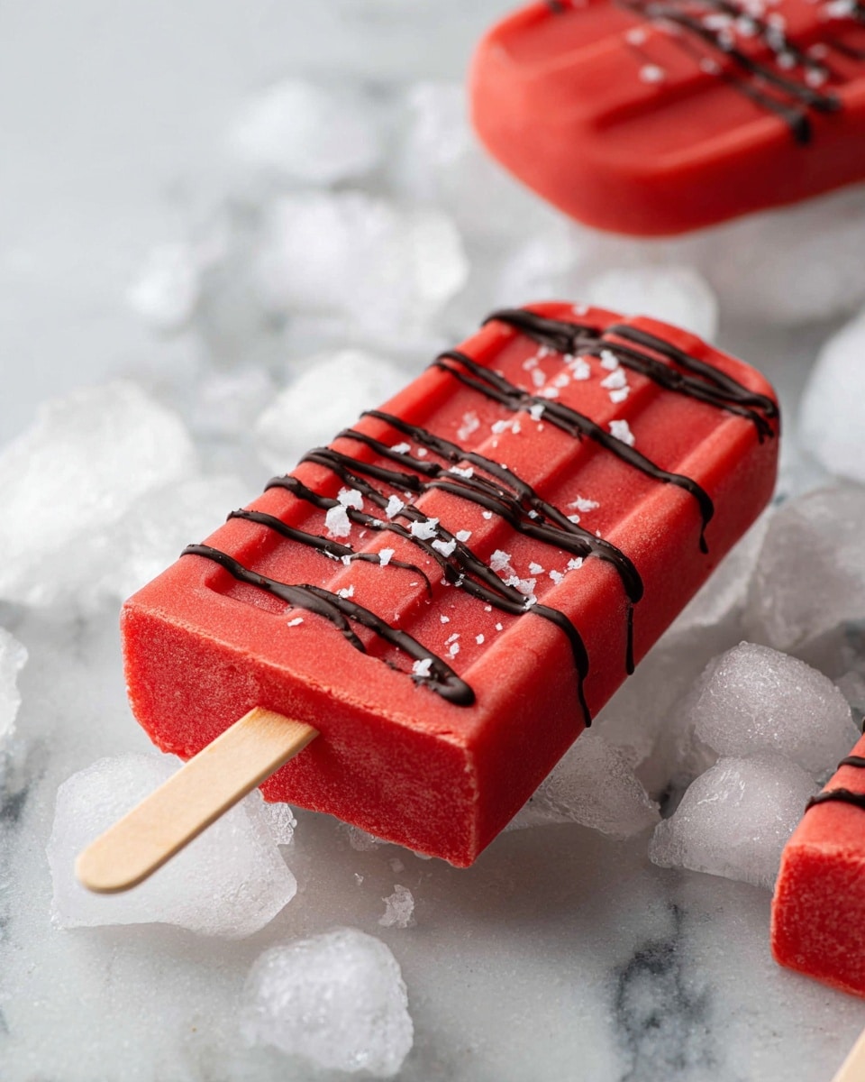 The image shows a bright red popsicle with a smooth, slightly glossy texture laying on a bed of clear ice cubes on a white marbled surface. The popsicle is decorated with dark chocolate drizzles starting near the stick and spreading across the top in thin lines, adding a rich contrast. There are small flakes of coarse salt sprinkled lightly on the chocolate drizzle, which adds texture and interest. The wooden stick at the base is light tan and simple, supporting the popsicle. In the background, another similar popsicle is partially visible with its end dipped in chocolate and a sprinkle of salt. The scene is close-up and well-lit, emphasizing the colors and freshness of the popsicles. photo taken with an iphone --ar 4:5 --v 7