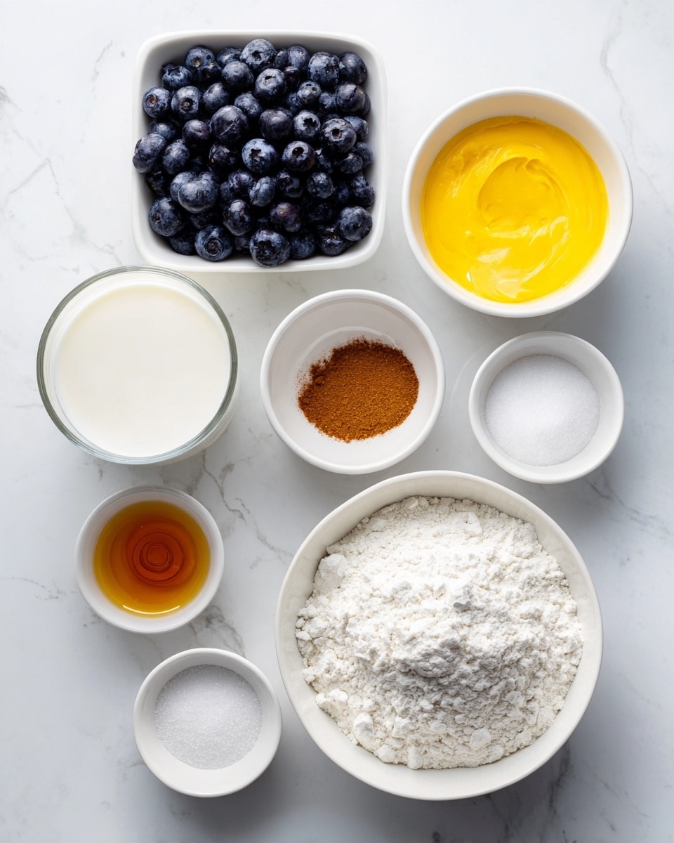 The image shows seven small white bowls and a glass arranged neatly on a white marbled surface. The largest bowl, at the bottom right, holds white flour with a slightly crumbly texture. Next to it on the left is a similar-sized bowl filled with white granulated sugar. Above the flour bowl is a small white bowl of bright yellow melted butter, smooth and shiny. To the left of the butter is a clear glass filled with white milk. At the top left corner is a square white bowl full of fresh, dark blue blueberries, round and plump. Near the top center-right, there are three tiny white bowls: one contains brown cinnamon powder with a fine texture, another has amber-colored liquid vanilla, and the last one holds a small amount of white salt. The whole setup is clean and bright, giving a fresh and ready-to-make impression. Photo taken with an iphone --ar 4:5 --v 7