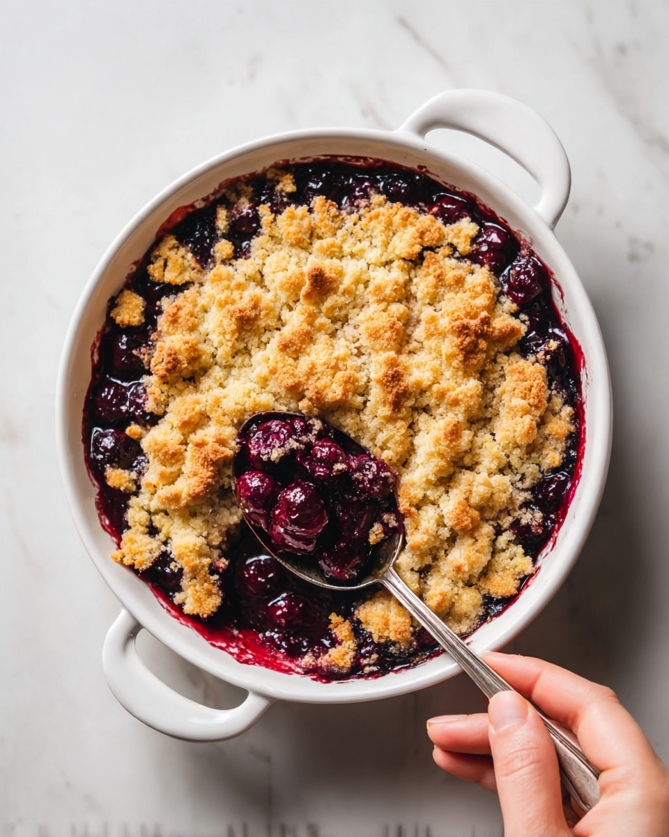 The image shows a baking dish filled with a two-layer dessert. The bottom layer is deep purple, shiny, and appears juicy with large dark berries, while the top layer is golden yellow with a crumbly, baked texture, slightly uneven in places. A spoon is inside the dish, scooping out some of the dessert at the corner, revealing both layers clearly. The dish is white and sits on a white marbled surface. A woman's hand holds the spoon gently resting inside the dish. photo taken with an iphone --ar 4:5 --v 7