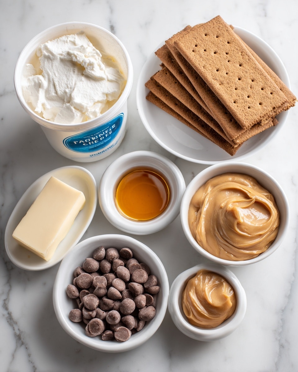 The image shows several white bowls and containers arranged on a white marbled surface. At the top left, there is a white container of farmer cheese with a blue label. Next to it on the right, a white bowl holds brown graham crackers stacked neatly. Below, from left to right, there’s a small white dish with a rectangular piece of butter, a small white bowl with amber-colored syrup, a medium white bowl filled with small round chocolate chips, a smaller white bowl containing mini chocolate peanut butter cups, and finally, a small white dish with smooth, light brown peanut butter. All items have soft lighting and clear textures, photo taken with an iphone --ar 4:5 --v 7