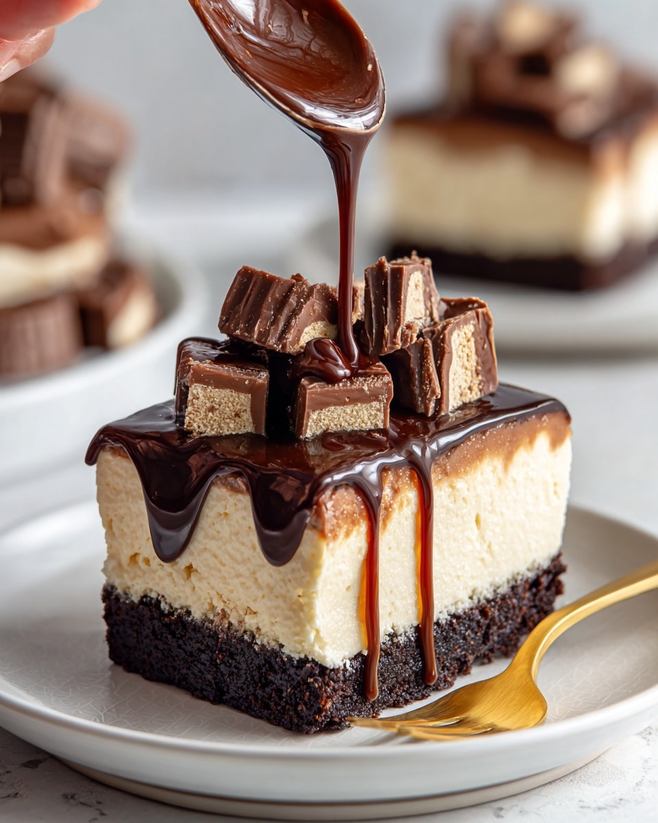 A slice of dessert with three clear layers sits on a white plate over a white marbled background. The bottom layer is dark brown with a crumbly texture, the middle layer is thick and creamy, light beige in color with a smooth texture, and the top layer is made of several chunks of chocolate candy with rough edges. Dark chocolate sauce is poured over the top, dripping down the sides of the cream layer. Near the plate, a woman's hand holding a gold fork is partially visible. In the blurred background, more pieces of the dessert are stacked. Photo taken with an iphone --ar 4:5 --v 7