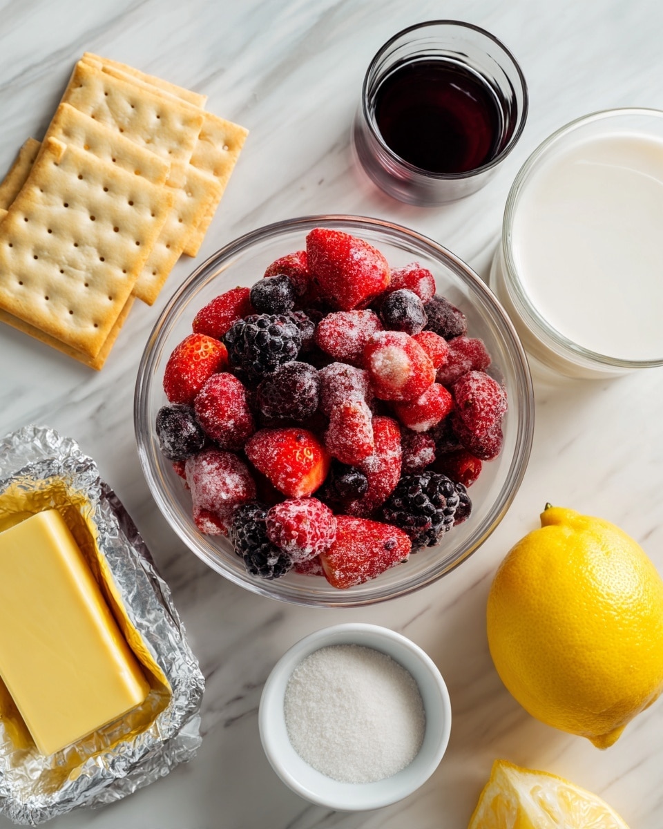 A clear glass bowl filled with frozen strawberries and dark berries, positioned in the center on a white marbled surface. Above and to the left of the bowl is a small glass container with dark liquid, and to the right is a full glass of milk. To the right of the milk is a white rectangular pack of crackers. Below the crackers is a bright yellow lemon, and to the lower left of the lemon is a small white bowl with white powder. At the bottom left corner sits a glass bottle of milk next to a foil-wrapped block of butter. The scene is bright and clean, with all items clearly visible. Photo taken with an iphone --ar 4:5 --v 7
