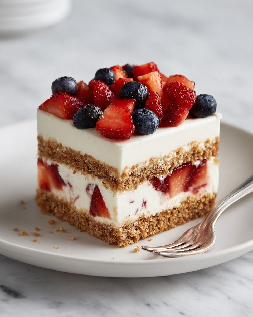 A square dessert with four layers sits on a white plate on a white marbled surface. The bottom layer is a crumbly, light brown crust. Above it is a layer of white creamy filling mixed with pieces of red strawberries. Next comes another crumbly light brown crust layer, topped with a thick white creamy layer scattered with whole dark blue blueberries. The top layer is another light brown crumbly crust covered with a smooth white cream and topped with chopped red strawberries and whole blueberries. A silver fork lies next to the plate. Photo taken with an iphone --ar 4:5 --v 7
