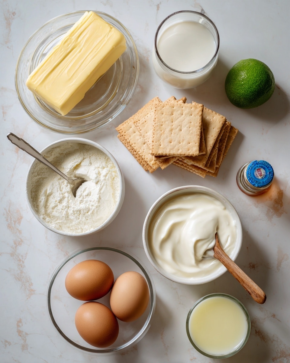 The image shows a white marbled surface with ingredients arranged neatly. There is a block of yellow butter on a clear glass butter dish in the top left corner. Next to it, stacks of square beige biscuits are placed around a clear glass filled almost to the top with white milk. Below, a small white bowl holds thick creamy white condensed milk with a wooden spoon resting on the edge. To the right, there is a small green lime and a glass jar with clear syrup and a blue cap. Below these are a clear round bowl with three brown eggs and a small glass filled with a pale yellow liquid, likely juice or broth. The photo is taken with an iphone --ar 4:5 --v 7