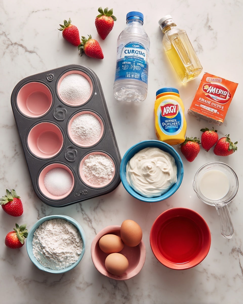 The image shows a flat lay of ingredients arranged neatly on a white marbled surface. Starting from the left, there is a dark muffin pan with six round cavities, each cavity containing a small pink bowl filled with white flour on top and a white bowl with granulated sugar below. Next to the pan is a clear plastic bottle of Crisco canola oil, a container of Daisy sour cream with a white lid, and a blue-lidded jar of Argo baking powder with white and blue label. To their right, there is a bright orange box of Arm & Hammer baking soda, a small blue bowl with salt, a brown egg, and a red bowl filled with a red liquid, possibly strawberry puree. Scattered around these are six fresh red strawberries with green tops, a small bottle of vanilla extract, a small white bowl with lemon zest, and a clear measuring cup with milk. The colors are vibrant, with the red strawberries standing out against the soft pink bowls and the white marbled surface. Photo taken with an iphone --ar 4:5 --v 7