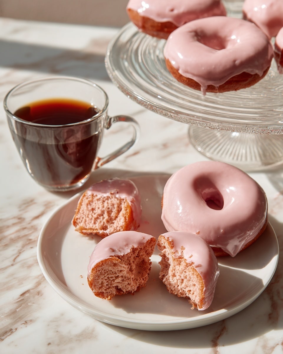 The image shows a white plate on a white marbled surface with two donuts covered in smooth, shiny pink icing. One donut is whole, and the other is broken into several pieces, showing a soft, fluffy inside that matches the donut’s pinkish-brown color. Nearby, a clear glass cup filled with dark coffee sits beside the plate, and in the background, a glass cake stand holds more pink-glazed donuts. The scene is lit naturally, highlighting the bright pink icing and the texture of the donuts’ inside. Photo taken with an iphone --ar 4:5 --v 7