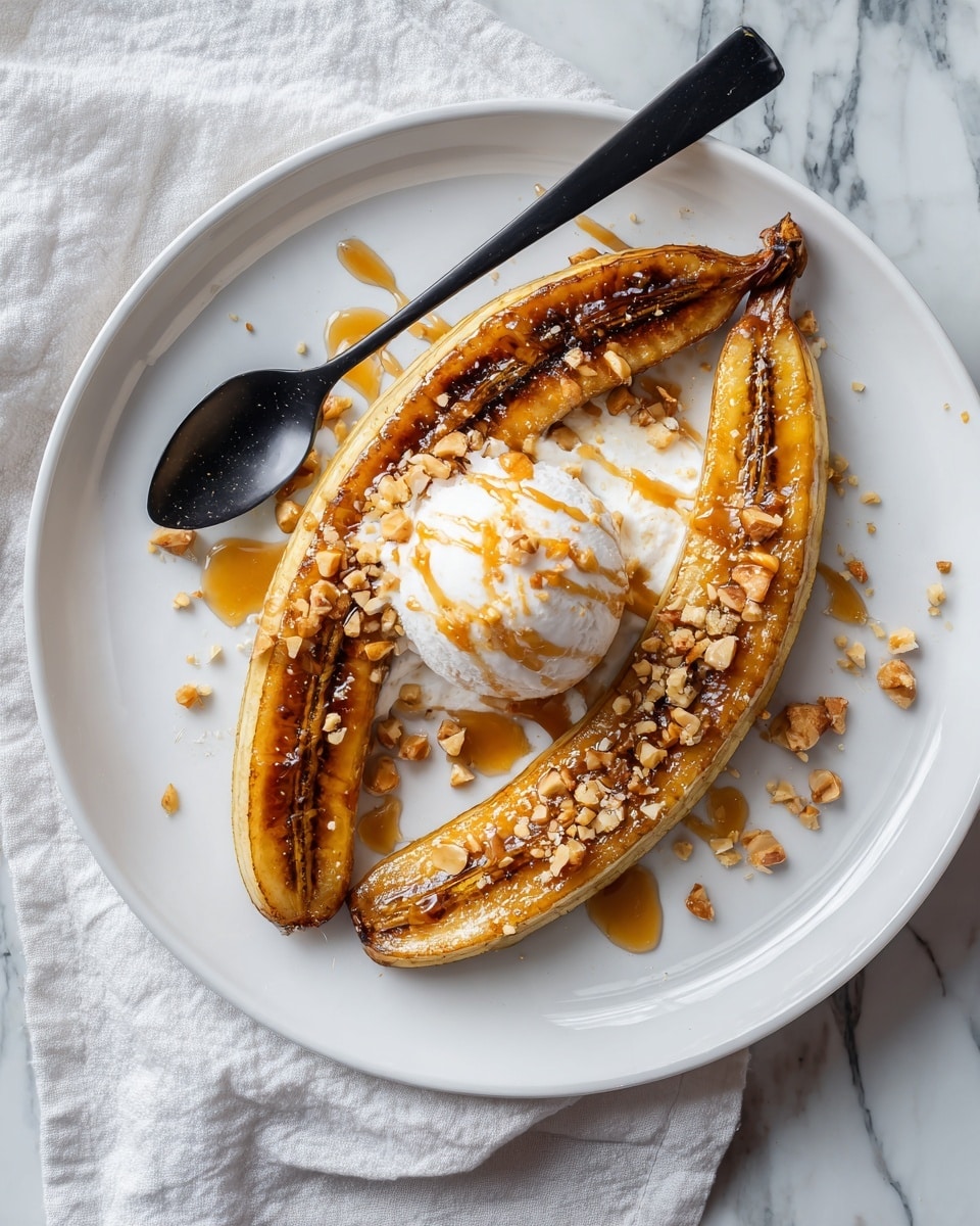 Two long roasted bananas with golden brown caramelized skin lie side by side on a white plate. On top of the bananas, there is a round scoop of white ice cream drizzled with light brown syrup. Small chopped nuts are scattered around the ice cream and over the bananas, adding texture. A black spoon rests on the edge of the plate. The plate is set on a white marbled surface with a light cloth underneath. photo taken with an iphone --ar 4:5 --v 7
