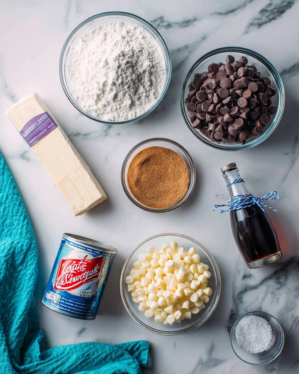 A top view shows six ingredients neatly placed on a white marbled surface. At the top left is a clear glass bowl filled with white flour, next to it on the right is a similar glass bowl filled with dark brown chocolate chips. Below the flour is a small glass bowl filled with brown sugar. To the left of the brown sugar is a stick of butter wrapped in white paper with purple markings. Below the brown sugar is a can of sweetened condensed milk with a red and white label. To the right of the can is a small dark bottle labeled vanilla extract tied with a blue and white string. At the bottom left is a clear glass bowl filled with white chocolate chips, and next to it on the right is a small glass salt shaker. A teal cloth peeks out from the bottom left corner. The photo was taken with an iphone --ar 4:5 --v 7