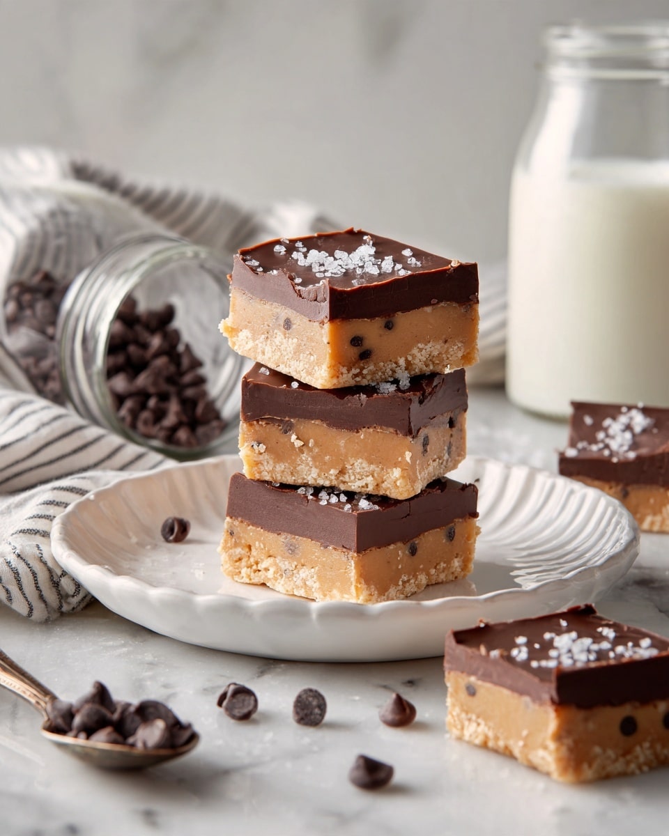 The image shows a stack of four square bars on a white plate with a ruffled edge, placed on a white marbled surface. Each bar has two layers: a thick, light brown bottom layer with visible chocolate chips, and a smooth, dark chocolate layer on top. The top layer is shiny, with a sprinkle of coarse white salt. In the background, there is a bottle of milk and a tipped-over small jar spilling chocolate chips on the white marbled surface. A striped cloth is partially visible behind the plate. In the front, a square bar stands on its side and a spoon with some of the light brown mixture rests on the surface with scattered chocolate chips nearby. Photo taken with an iphone --ar 4:5 --v 7