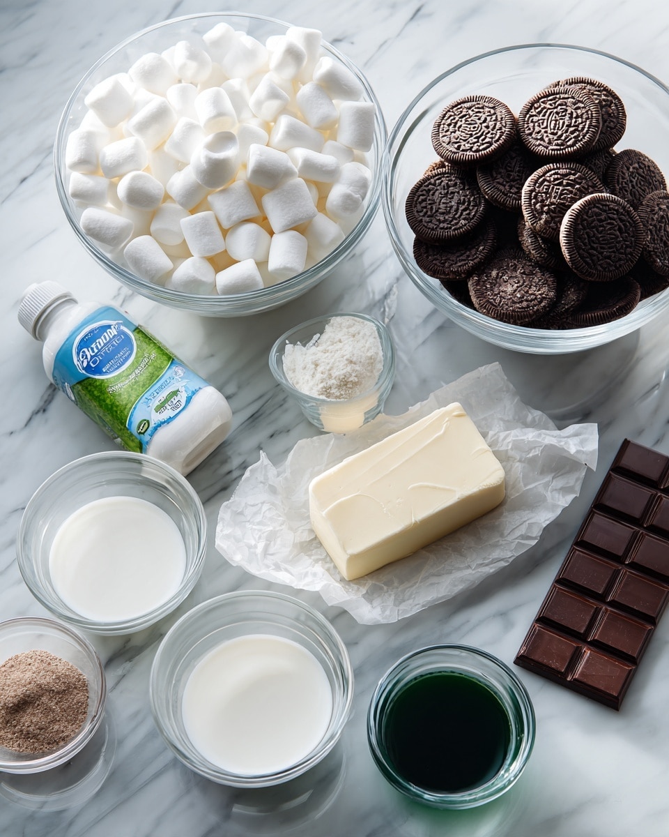 A white marbled surface holds several clear glass bowls and measuring cups filled with baking ingredients. On the left, a large clear bowl is full of small white marshmallows next to another large clear bowl filled with round chocolate cookies. In the center, a small bottle with a green and blue label stands upright near a piece of butter wrapped in white paper. Two clear measuring cups filled with white liquid are placed in the lower center and right, and a smaller clear measuring cup with dark green liquid is on the lower left. There is a small clear bowl with some brown powder next to the butter, and a dark chocolate bar lies on the far right side of the scene. The whole setting is bright and clean. photo taken with an iphone --ar 4:5 --v 7