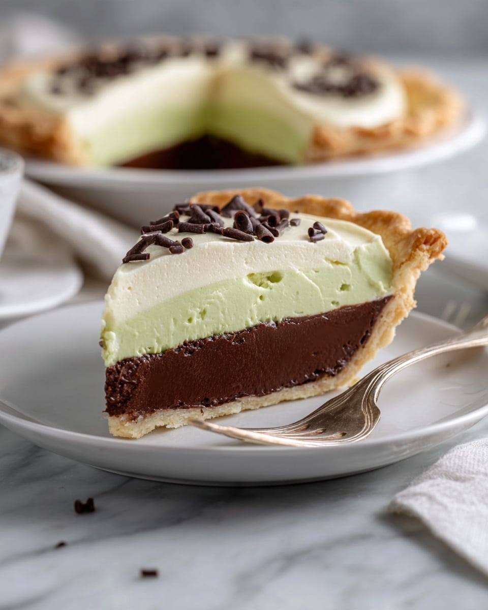 A slice of pie is placed on a white plate with a silver fork next to it, resting on a white marbled surface. The pie has three layers: a light golden flaky crust on the bottom and edges, a thick dark chocolate layer in the middle with a smooth texture, and a thick pale green layer on top with a creamy, soft look. The top of the green layer is decorated with small dark chocolate pieces scattered evenly. In the background, the rest of the pie can be seen on a white plate with the same layers and chocolate pieces on top. Photo taken with an iphone --ar 4:5 --v 7