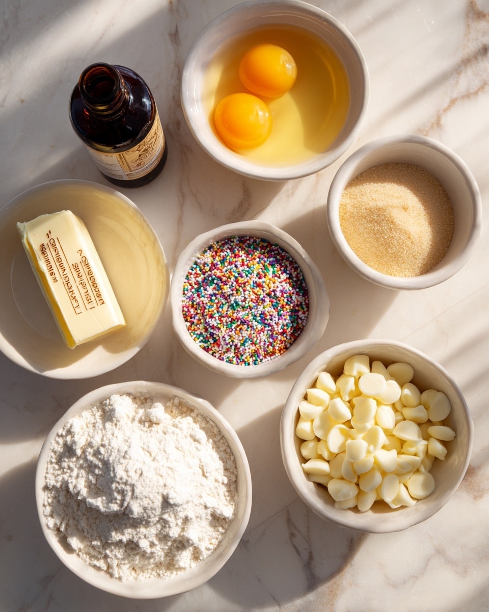 The image shows seven small white bowls arranged on a white marbled surface, each containing different baking ingredients. Starting from the top left, one bowl holds two bright yellow egg yolks, a bowl next to it contains light brown packed sugar, and below it is a dark brown bottle of vanilla extract lying on its side. A white bowl on the bottom left has a stick of butter with measurement markings, while next to it is a bowl filled with white flour, showing a powdery texture. There is a small bowl centrally placed with colorful rainbow sprinkles, and finally, a bowl on the bottom right is filled with creamy white butterscotch or white chocolate chips. The lighting casts soft natural shadows around each bowl. Photo taken with an iphone --ar 4:5 --v 7