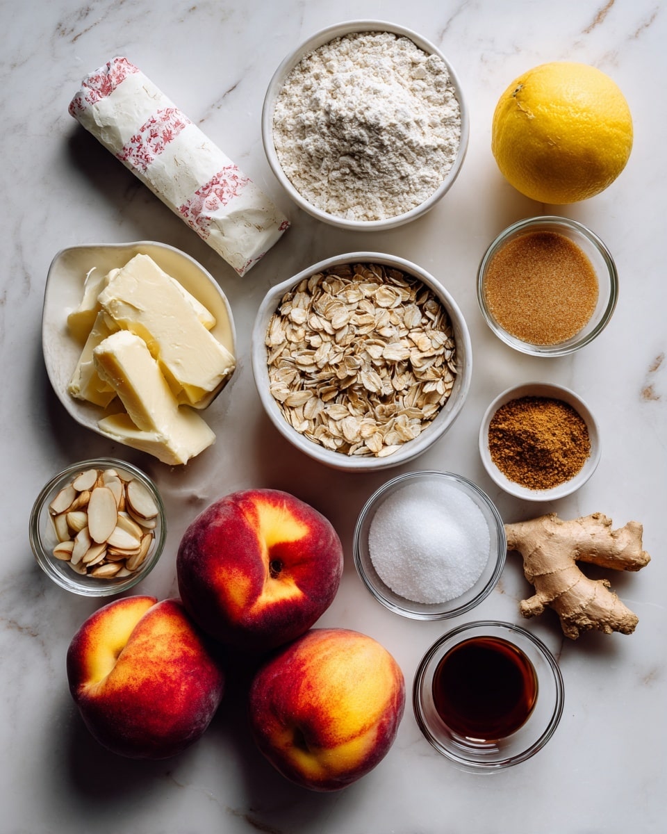 The image shows a variety of baking ingredients arranged neatly on a white marbled surface. There are four whole fresh peaches placed in the bottom center of the image with their red and yellow skin visible. Above them towards the left, there is a stick of butter wrapped in white and red paper. To the left side, there is a small white bowl filled with white flour. Next to it is a similar white bowl filled with light brown rolled oats. On the right, there is a small white bowl containing light brown brown sugar. There are two small glass bowls near the center; one contains sliced almonds, and the other has a white powder, likely baking powder. Near the almonds is a tiny bowl with white granulated sugar, and another small bowl nearby contains a dark amber liquid, possibly vanilla extract. On the far right, there is a half lemon, fresh ginger root, a small bowl with brown cinnamon powder, and a jar of golden honey tilted slightly. Everything is placed carefully on the white marbled background, creating a clean and organized look. photo taken with an iphone --ar 4:5 --v 7