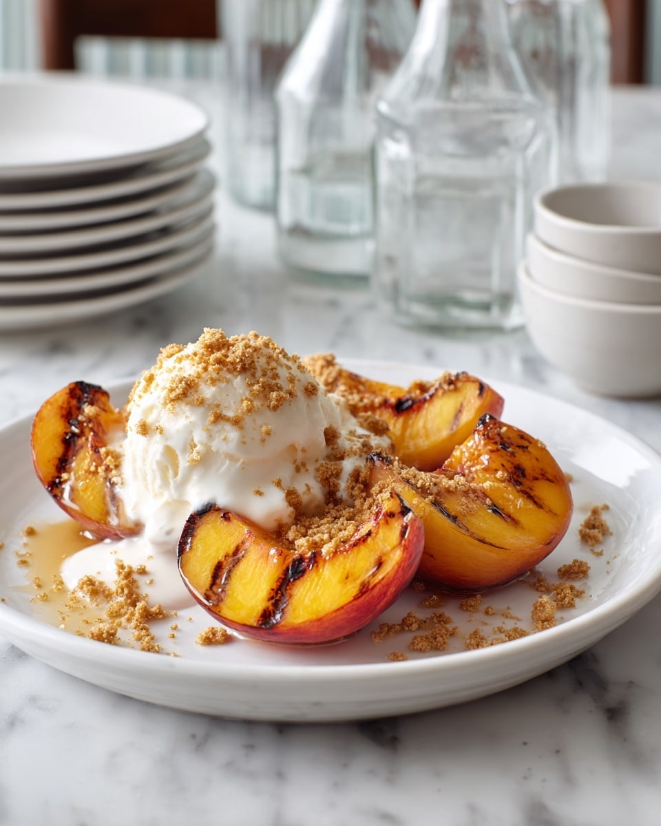 The image shows grilled peach halves with three clear layers: the bottom layer is the bright orange and red grilled peach with slight char marks, the middle layer is a white creamy scoop of ice cream melting slightly down the sides, and the top layer is a crumbly golden brown topping sprinkled over the ice cream. The peaches are arranged on a white plate placed on a white marbled surface, with some scattered crumbs around. In the background, there are clear glass bottles and a stack of white bowls, suggesting a clean and simple setting. photo taken with an iphone --ar 4:5 --v 7