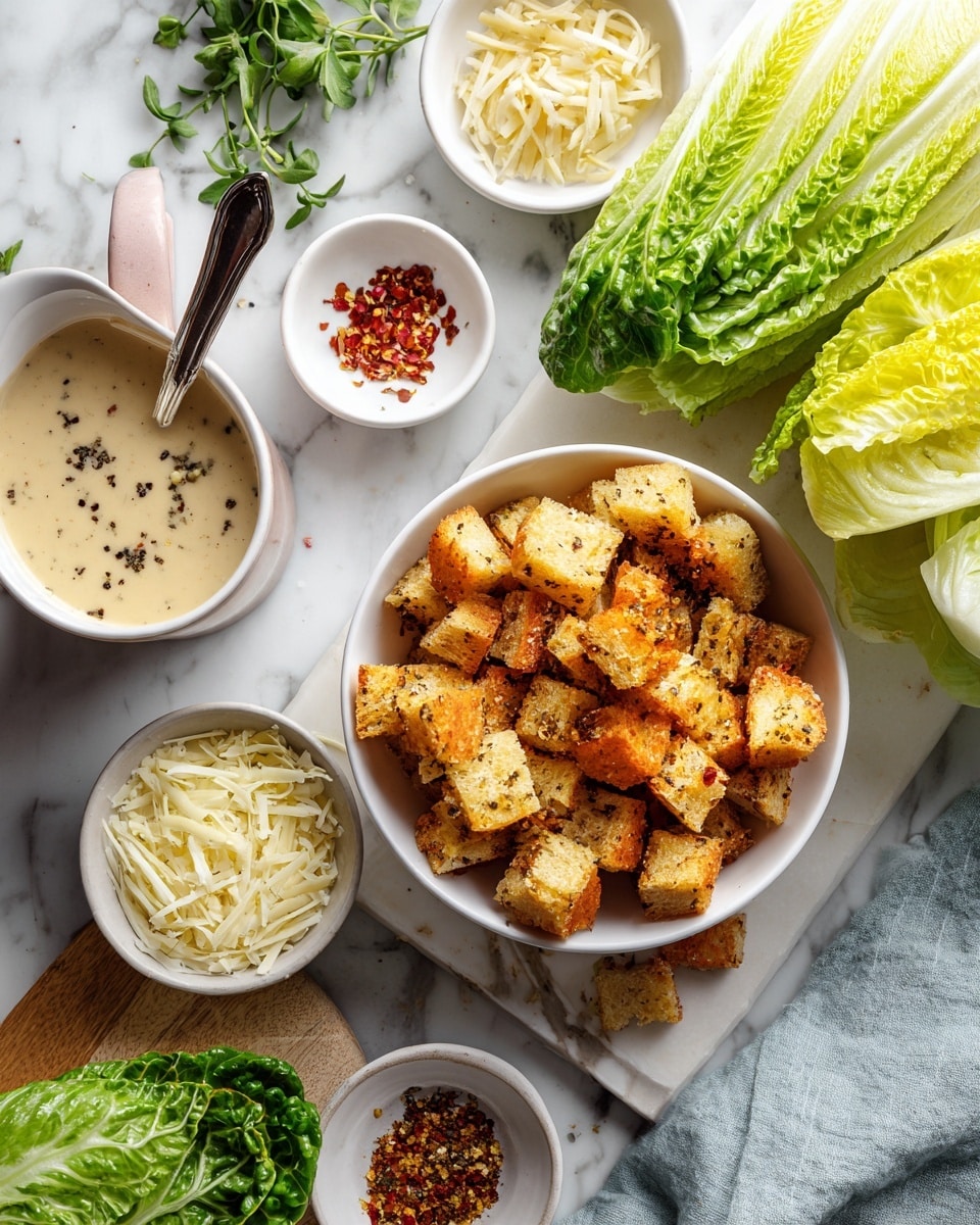 The image shows a white bowl filled with golden brown croutons that have a crunchy texture. Nearby, a white cup with a pink handle holds a creamy beige dressing mixed with black pepper, with a spoon inside. There are two fresh green romaine lettuce heads placed on a white cutting board. Small white bowls contain finely shredded pale cheese and red pepper flakes, while fresh green herbs lie beside the lettuce. All items rest on a white marbled surface with a light blue cloth nearby. photo taken with an iphone --ar 4:5 --v 7