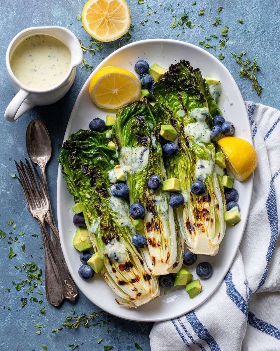 The image shows a white oval plate filled with three grilled romaine lettuce halves arranged side by side, each showing charred grill marks on their light green and white inner leaves with darker green outer leaves. Scattered on top are bright yellow lemon wedges, small blue blueberries, and green avocado cubes. The plate sits on a blue textured surface with some green herb pieces sprinkled around. To the left of the plate, there is a small white pitcher of creamy dressing with green herb bits on top, and two antique silver forks rest beside the plate. A white cloth with thin blue stripes is placed under the plate on the right side. Photo taken with an iphone --ar 4:5 --v 7
