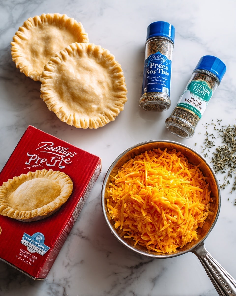The image shows a red box of Pillsbury pie crust with two crusts pictured on the packaging, lying on a white marbled surface. Next to it are two spice bottles, one with a blue lid labeled freeze dried basil and the other with a green lid labeled organic thyme. To the right is a silver metal measuring cup filled with shredded orange cheddar cheese. The scene is bright and clean, focusing on the ingredients with a slight tilt in the arrangement. Photo taken with an iphone --ar 4:5 --v 7