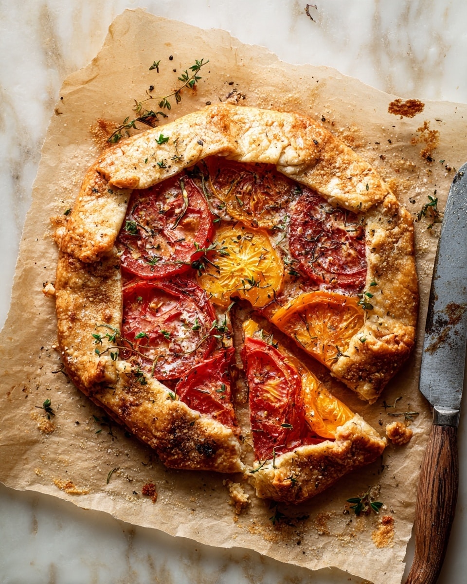 A rustic galette featuring a golden, flaky crust folded over the edges to form a thick, uneven border around the filling. The filling has multiple layers: the bottom orange layer looks like roasted tomatoes with a slightly wrinkled texture, topped with thin white slices of garlic, and darker red slices of tomato scattered across, sprinkled with finely chopped green herbs and some black pepper flakes. The galette is placed on light brown parchment paper over a white marbled surface. A large kitchen knife with a wooden handle lies next to the galette, with crumbs scattered nearby. The overall color palette is warm with golden browns, reds, and greens. photo taken with an iphone --ar 4:5 --v 7