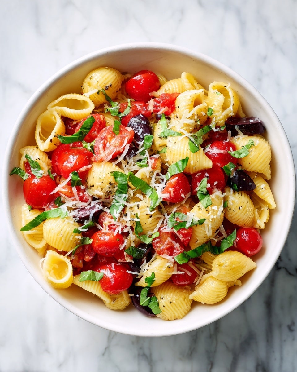 The image shows small round pasta shells in a white bowl on a white marbled surface. The pasta is light golden yellow with a smooth, slightly shiny texture. Mixed in are bright red chopped tomatoes and small pieces of fresh green basil leaves scattered evenly throughout. There are also small bits of dark purple olives adding contrast. The whole dish is topped with a sprinkling of fine, white shredded cheese that looks fluffy. The colors are vibrant, and the dish looks fresh and colorful, with layers of pasta at the bottom, tomatoes and olives in the middle, and grated cheese on top. photo taken with an iphone --ar 4:5 --v 7