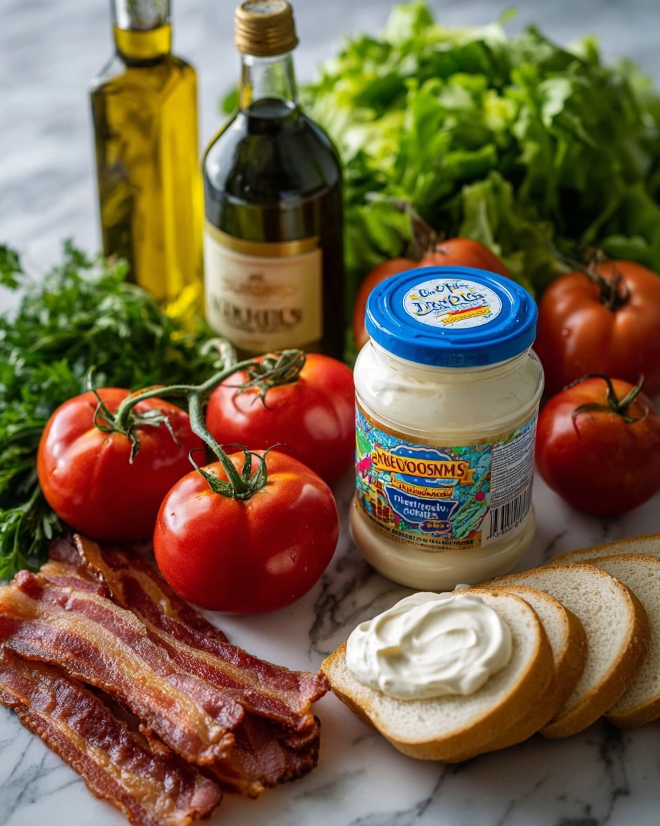 The image shows a close-up of fresh salad ingredients arranged on a white marbled surface. In the center, there is a large jar of mayonnaise with a blue lid and colorful label next to bright red tomatoes still on their green stems. To the left of the tomatoes, there are several crispy strips of cooked bacon placed in a small pile with fresh green lettuce and parsley as a leafy background. Behind the mayo jar, there is a dark green bottle of olive oil and a clear bottle of white distilled vinegar. Part of a woman's hand is seen holding a small stack of sliced bread rounds on the right side. The scene is well lit with a clear focus on the fresh and colorful ingredients photo taken with an iphone --ar 4:5 --v 7