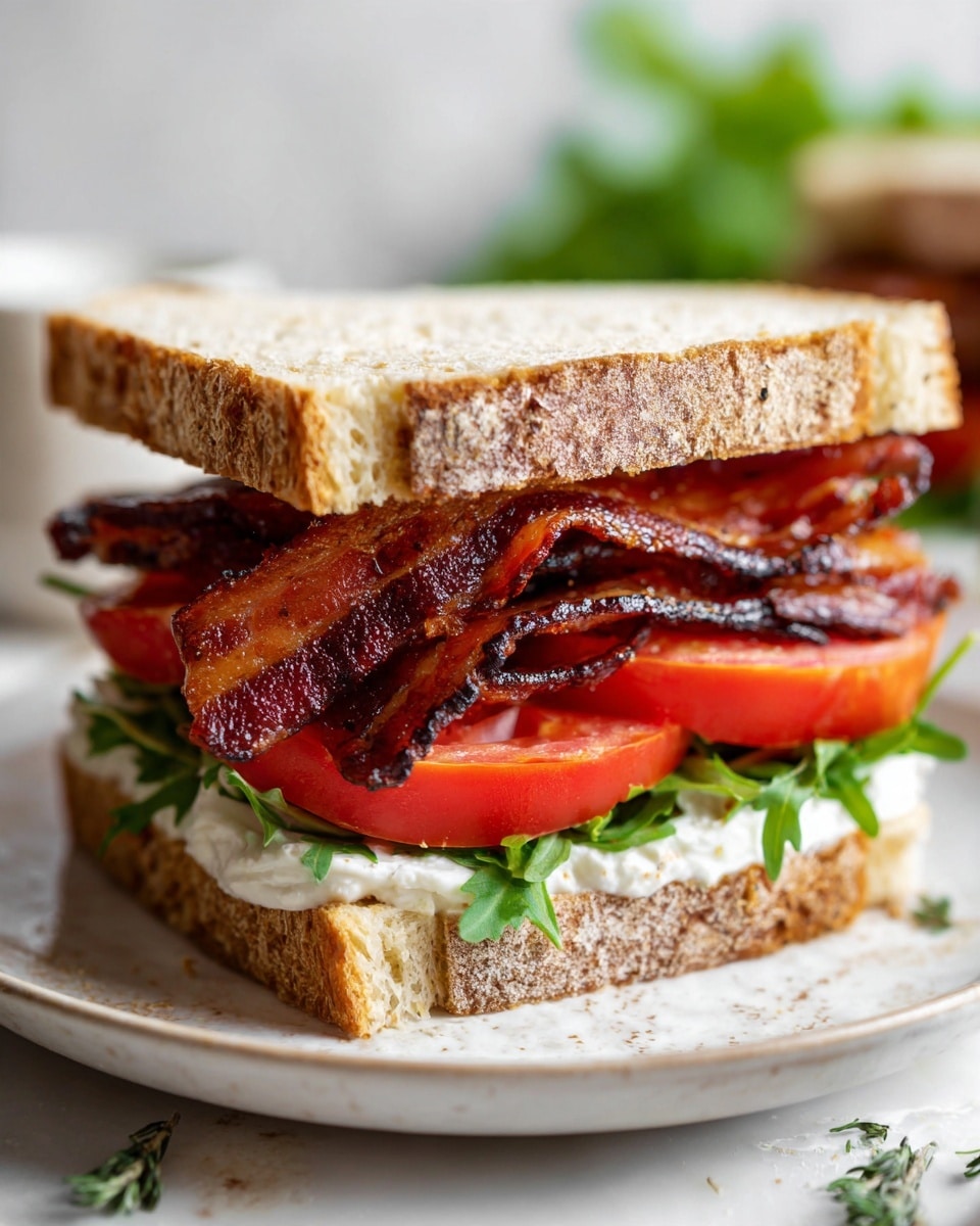 The image shows a sandwich made of two slices of white bread with a rough crust, placed on a white plate. Inside the sandwich, there are two crispy strips of dark brown bacon layered over bright red tomato slices. Below the tomatoes, there is a layer of fresh green leafy herbs, and underneath this, a spread of creamy white mayo covers the bottom slice of bread. The plate is set on a white marbled surface, with some green herbs blurred in the background. Photo taken with an iphone --ar 4:5 --v 7