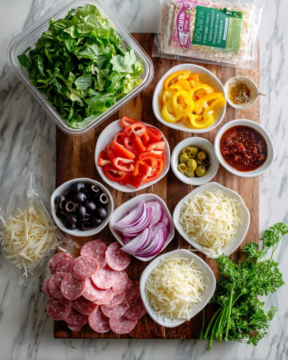 A wooden board is filled with many small white bowls and food ingredients for a salad. In the top left, there is a clear plastic container filled with fresh green lettuce leaves. Around the board, there are cut vegetables: bright yellow sliced bell peppers, small red cherry tomatoes, thin rings of purple onion, and black olive slices. On the board's right side, there are thin pinkish slices of salami. Three white bowls hold different items: one has a golden-brown dressing, another has small yellow-green peppers, and the last two contain white shredded cheese and white crumbly cheese. In the top right corner, there is a bunch of fresh parsley, a small white bowl of deep red sauce, and a clear plastic package with a green label. The whole setup is on a white marbled surface photo taken with an iphone --ar 4:5 --v 7