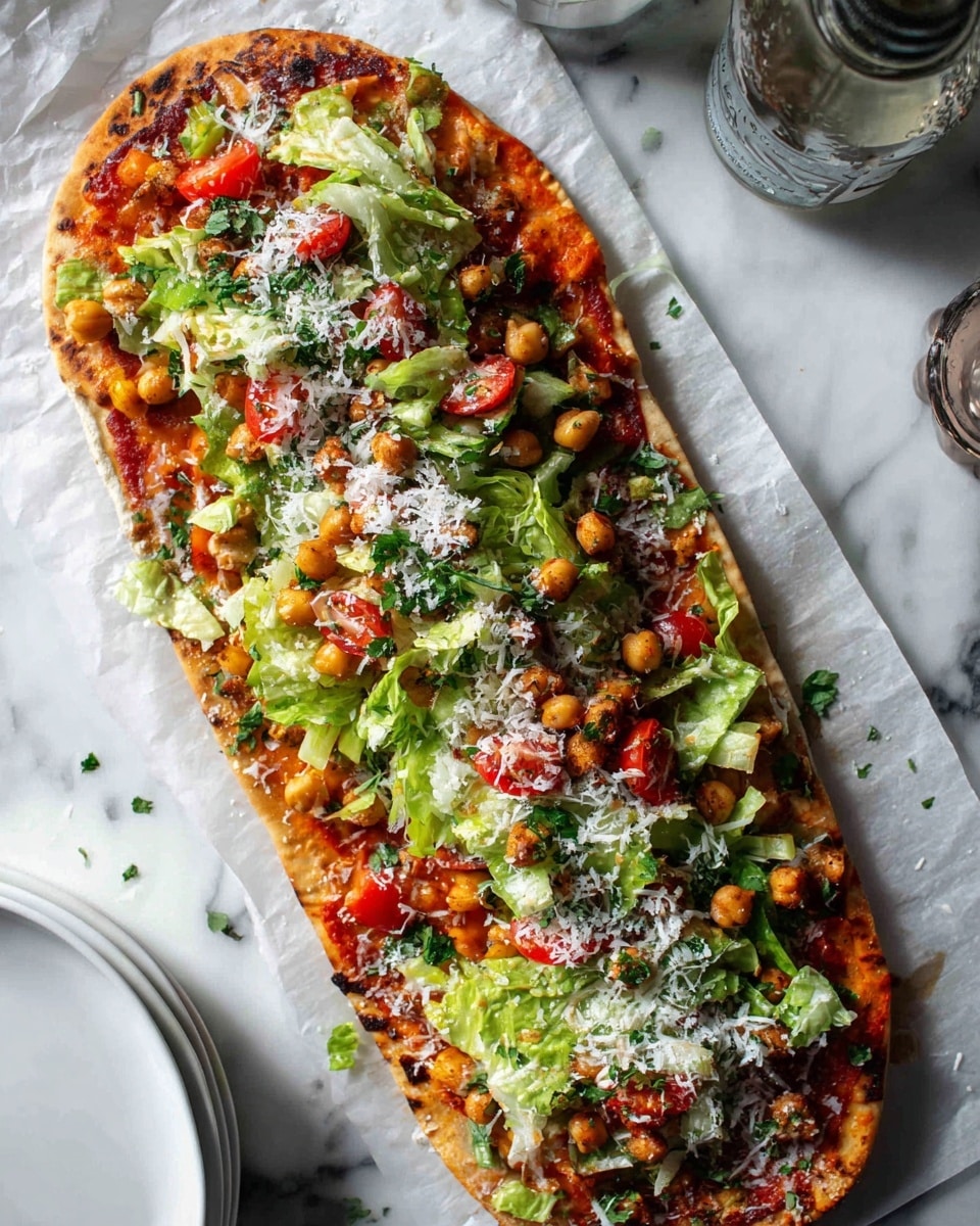 A long flatbread pizza is placed on white parchment paper over a white marbled surface. It has a thin crispy crust topped with a light layer of melted cheese and tomato sauce as the base. Over this, there is a colorful mix of fresh toppings including chopped green lettuce, bright red cherry tomato halves, chickpeas, diced green peppers, and chopped herbs scattered evenly along the length. There is also a sprinkle of grated white cheese over the fresh toppings. The photo's background includes a bottle and some stacked white plates on the left side. The overall look is fresh, colorful, and rustic. photo taken with an iphone --ar 4:5 --v 7