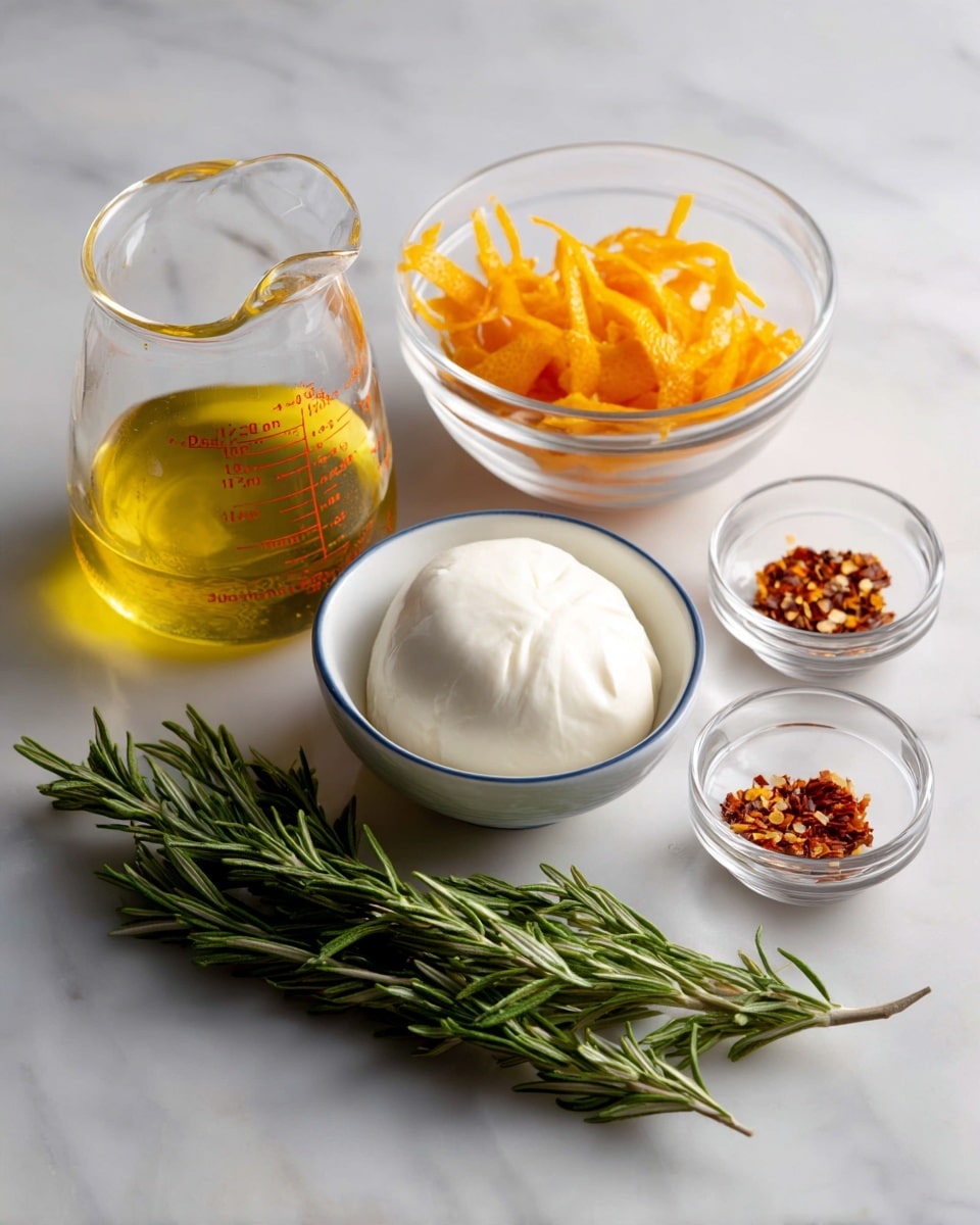 The image shows five ingredients placed on a white marbled surface: a clear glass measuring cup filled with golden olive oil on the left, a small clear bowl with bright orange citrus peels just behind it, a fresh green sprig of rosemary lying flat in front, a round smooth ball of white mozzarella cheese inside a white bowl with a blue inner, and a small clear bowl containing red chili flakes positioned in the front right. The arrangement is simple and neat, with bright natural light highlighting the textures and colors of each ingredient. Photo taken with an iphone --ar 4:5 --v 7