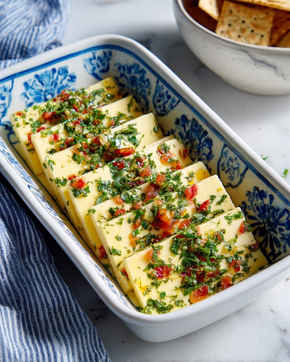 A white ceramic rectangular dish with blue floral patterns holds a layered cheese snack. The dish contains about 15 thick yellow cheese slices, arranged vertically in rows. Between each cheese slice, there is a mix of finely chopped green herbs and small bright red tomato pieces, spread evenly across and piled slightly on top. The surface behind the dish is a white marbled texture, and part of a folded blue and white striped fabric is visible to the left next to a white bowl with crackers. The lighting is bright and natural, highlighting the fresh colors and textures. photo taken with an iphone --ar 4:5 --v 7