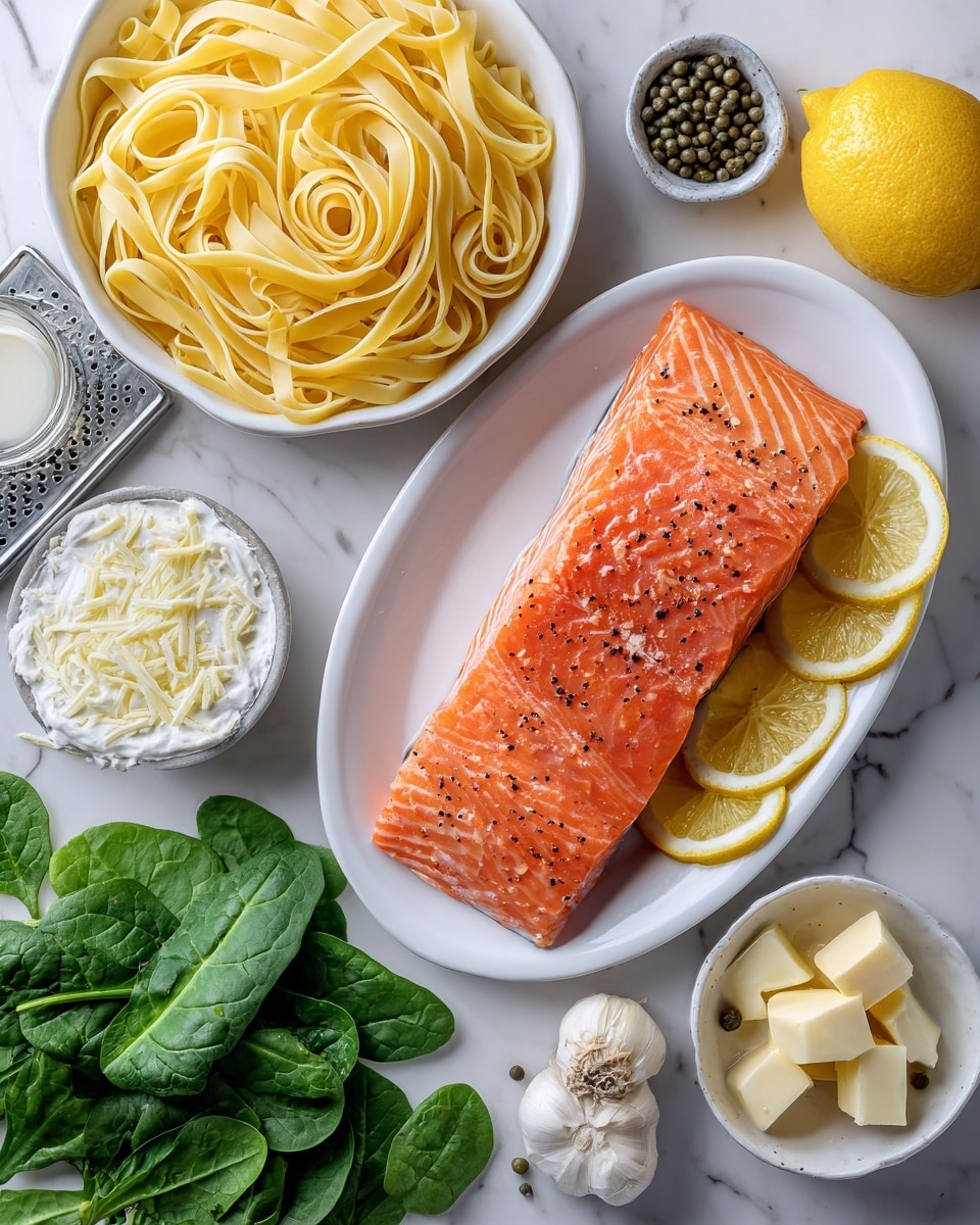 The image shows uncooked fettuccine pasta in a white bowl at the bottom left, with a smooth, pale yellow texture. To the right on a white oval plate lies a large piece of raw salmon, bright orange with a slightly glossy surface, seasoned with black pepper, and garnished with three slices of yellow lemon along one edge. Around these main items are fresh green spinach leaves spread out, a few garlic cloves next to the salmon, and small dishes containing coarse salt, black pepper, capers, and butter cubes on a white marbled surface. Near the top left, there is a metal grater with lemon zest on it, and a small glass jug filled with white cream nearby. photo taken with an iphone --ar 4:5 --v 7