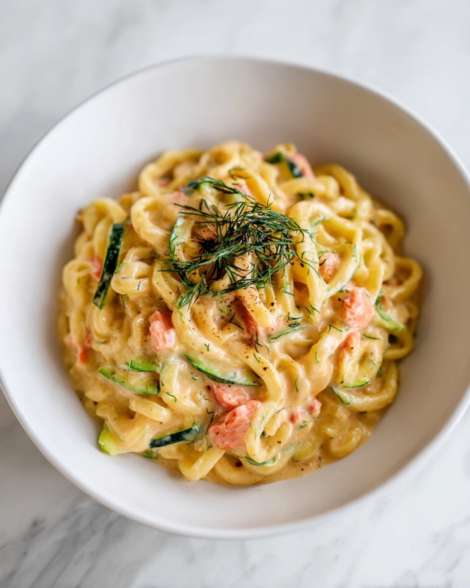 A white bowl filled with creamy pasta that has thick, yellow noodles twisted in loops. There are small pieces of pink salmon scattered on top, along with green zucchini slices that show a soft texture. Tiny dark green dill sprigs are spread over the dish, adding height and color contrast. The bowl sits on a white marbled surface, giving a clean and fresh look. photo taken with an iphone --ar 4:5 --v 7