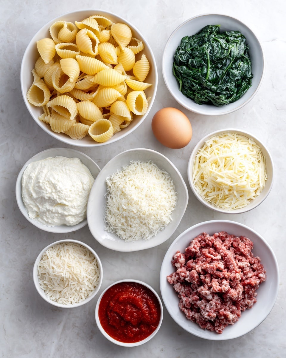 A top-down view shows several white bowls and a white plate arranged on a white marbled surface. One large white bowl holds uncooked yellow pasta shells that are smooth and ridged. Another white bowl contains a white creamy cheese with a soft texture. A small white bowl has cooked green spinach with a slightly wet look, while another small white bowl is filled with bright red tomato sauce with a smooth, thick texture. A medium white bowl holds shredded white cheese with a soft texture. A small white bowl contains a whole brown egg. A small white bowl is filled with dry white rice grains, and a large white plate displays raw ground meat with a mix of red and white colors and a slightly rough texture. The ingredients are neatly arranged and spaced out. Photo taken with an iphone --ar 4:5 --v 7