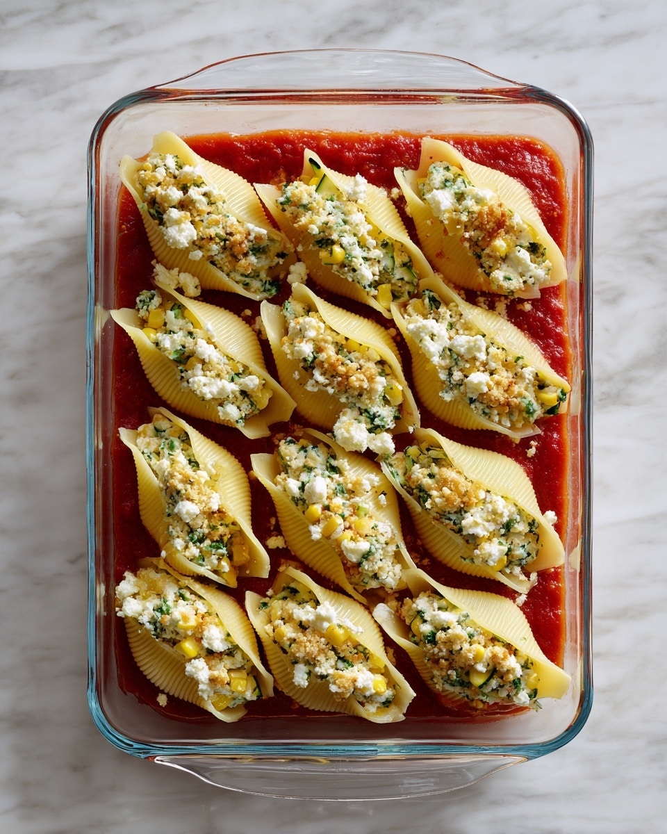 A clear glass baking dish filled with large pasta shells stuffed with a white, crumbly cheese mixed with yellow corn kernels and small green vegetable pieces, possibly spinach or zucchini. The pasta shells are arranged in three neat rows, sitting on a thick red tomato sauce that fills the base of the dish. Each pasta shell is generously stuffed and the cheese mixture slightly spills over from the top edges. The dish rests on a white marbled surface. photo taken with an iphone --ar 4:5 --v 7