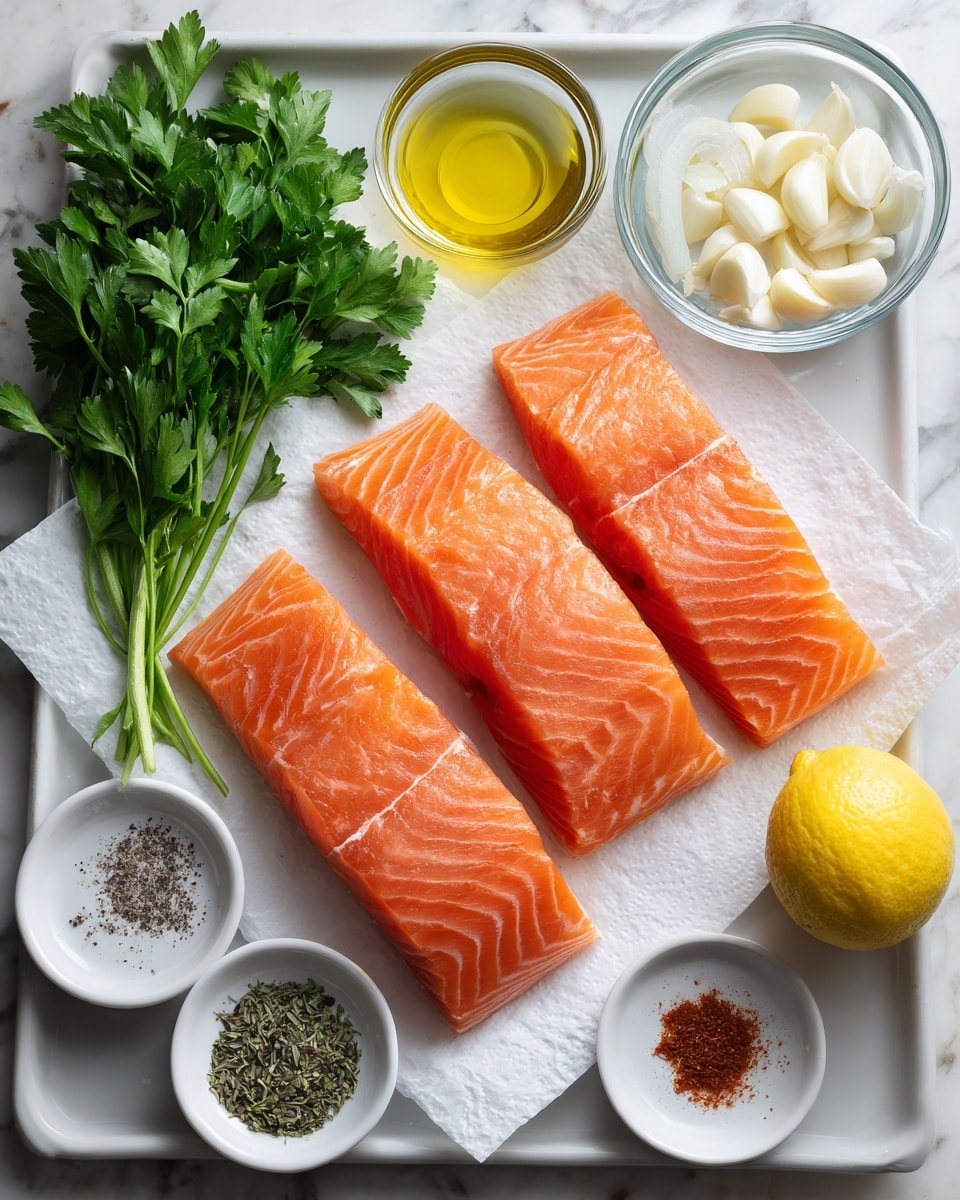 The image shows three raw salmon fillets with bright orange-pink color and smooth texture, placed on white paper towels on a tray. Above the salmon, there is a small clear glass bowl filled with light yellow olive oil. To the left of the salmon, there are fresh green parsley leaves with detailed texture spread out, next to a small white plate containing two peeled garlic cloves and another small white dish with sliced shallots in a transparent bowl on top. Below the garlic, there is a white dish with black pepper and salt, and next to it, a lemon cut in half showing bright yellow flesh. Below that are two more small white plates, one with dried herbs and another with a small amount of reddish-brown sauce in a tiny glass bowl. All the items rest on a white marbled surface. photo taken with an iphone --ar 4:5 --v 7