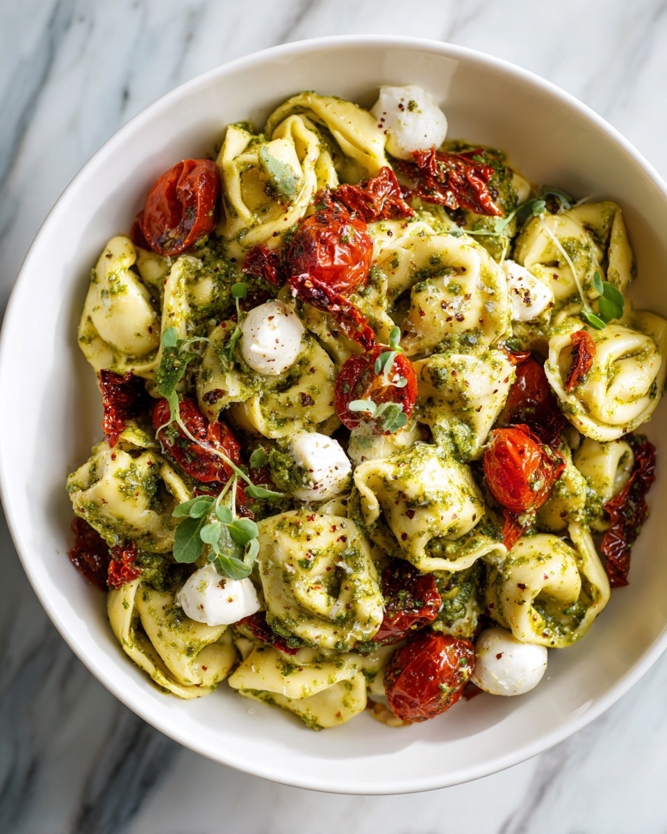 A white bowl filled with tortellini pasta mixed with green pesto sauce, small red cherry tomato halves spread throughout, small white mozzarella balls, pieces of sun-dried tomatoes, and scattered green herb leaves on top. The pasta shows a soft, smooth texture with different shapes clearly visible and the tomatoes provide bright pops of red. The background is a white marbled surface. Photo taken with an iphone --ar 4:5 --v 7