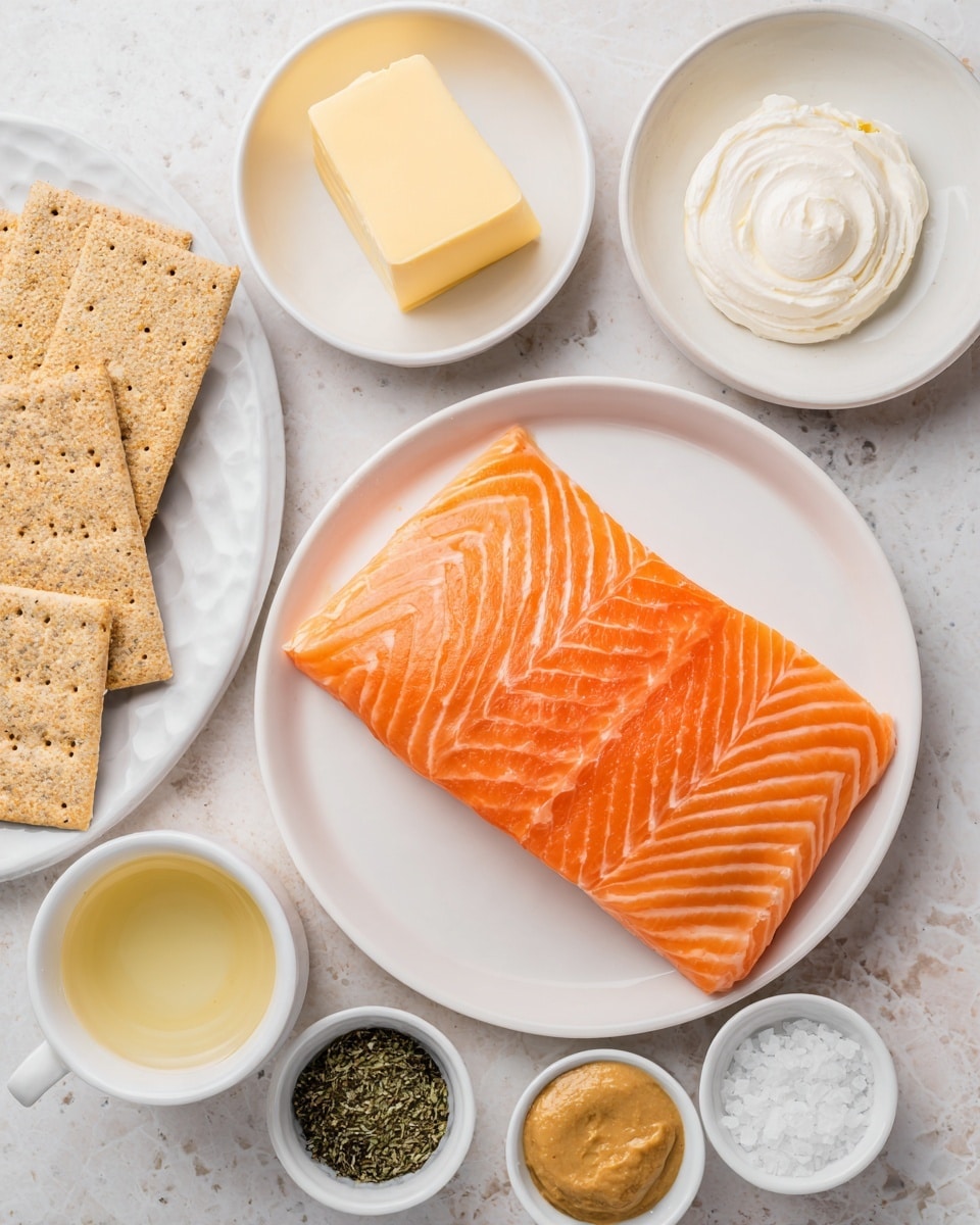 A fresh piece of bright orange salmon fillet lies in the center on a white round plate, showing smooth and slightly shiny texture with visible natural lines. Around it are several small white bowls and plates: one with a pale yellow solid block of butter, another with a dollop of soft white cream cheese showing smooth swirls on top, a small bowl with smooth mustard paste in light brown color, and two bowls with dry seasonings—one containing coarse white salt and black pepper, and another with green dried herbs. There is also a small white cup filled with clear pale yellow liquid, and a plate holding two kinds of crackers—light brown rectangular and greenish hexagonal crackers, arranged neatly. The setup is on a white marbled textured surface. photo taken with an iphone --ar 4:5 --v 7