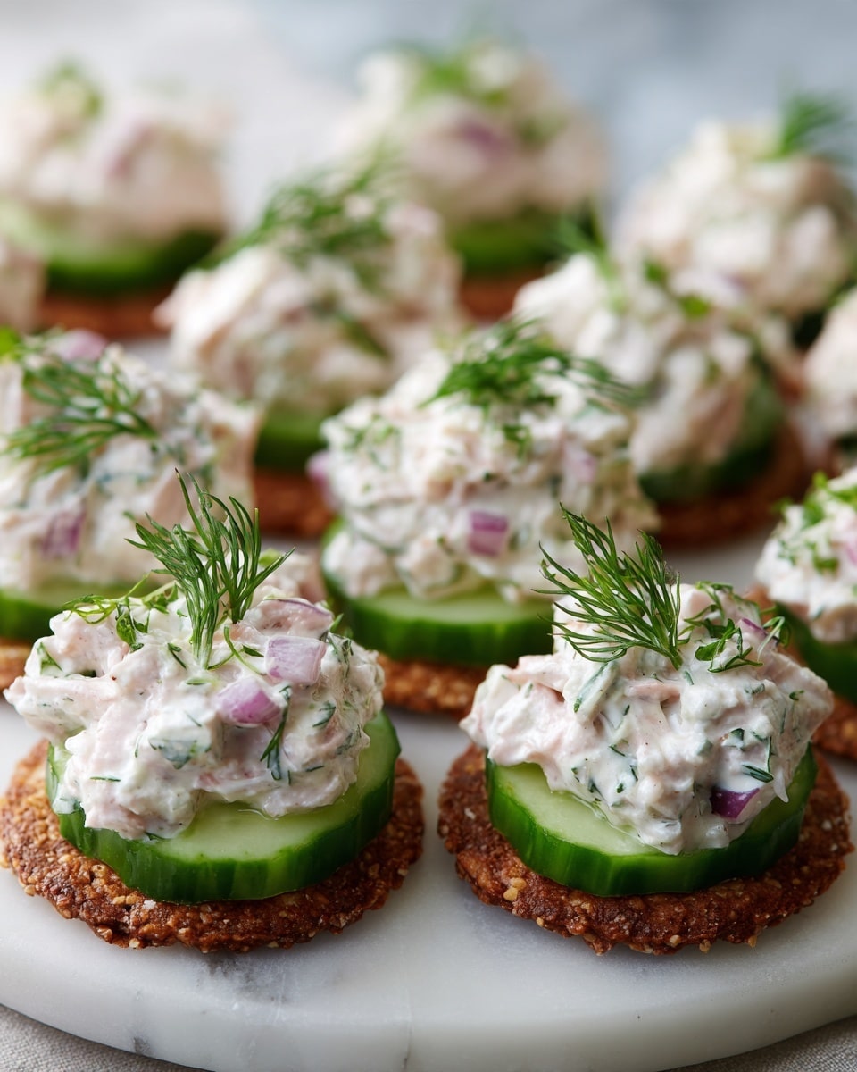The image shows several small snacks on a white plate with a white marbled surface. Each snack has two layers: the bottom layer is a green cucumber slice with a smooth, fresh texture, while the top layer is a creamy mixture of light pink and white, likely with small green herbs and bits of red onion mixed in. Each topping is garnished with a small sprig of fresh green dill, adding a touch of brightness. Some snacks use crackers as the base instead of cucumber, which are brown and crispy with a rough texture, but still topped with the creamy mixture and dill. The plate is filled with these snacks in a close arrangement, capturing their fresh and inviting look. Photo taken with an iphone --ar 4:5 --v 7