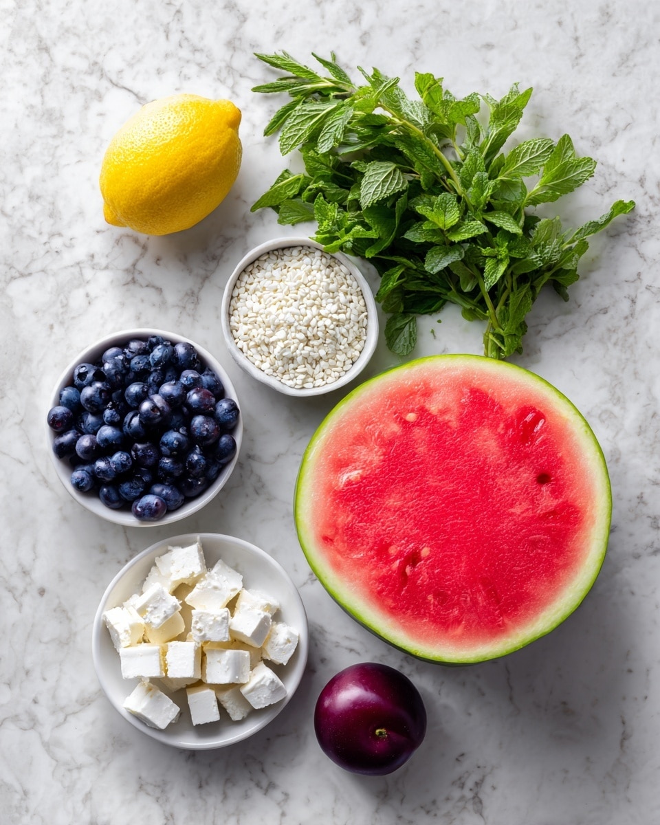 The image shows fresh ingredients arranged on a white marbled texture background. On the right is a large, thick slice of watermelon with bright red flesh and a green rind. To the left of the watermelon are fresh green herbs, including mint and parsley, clustered together. Above the herbs is a whole yellow lemon. Below the lemon is a white bowl filled with small, round, white grains. Next to it is another white bowl filled with dark blue, plump blueberries. In the center is a small white plate with white cubes of cheese. To the right of the plate is a whole red plum with a shiny surface. photo taken with an iphone --ar 4:5 --v 7