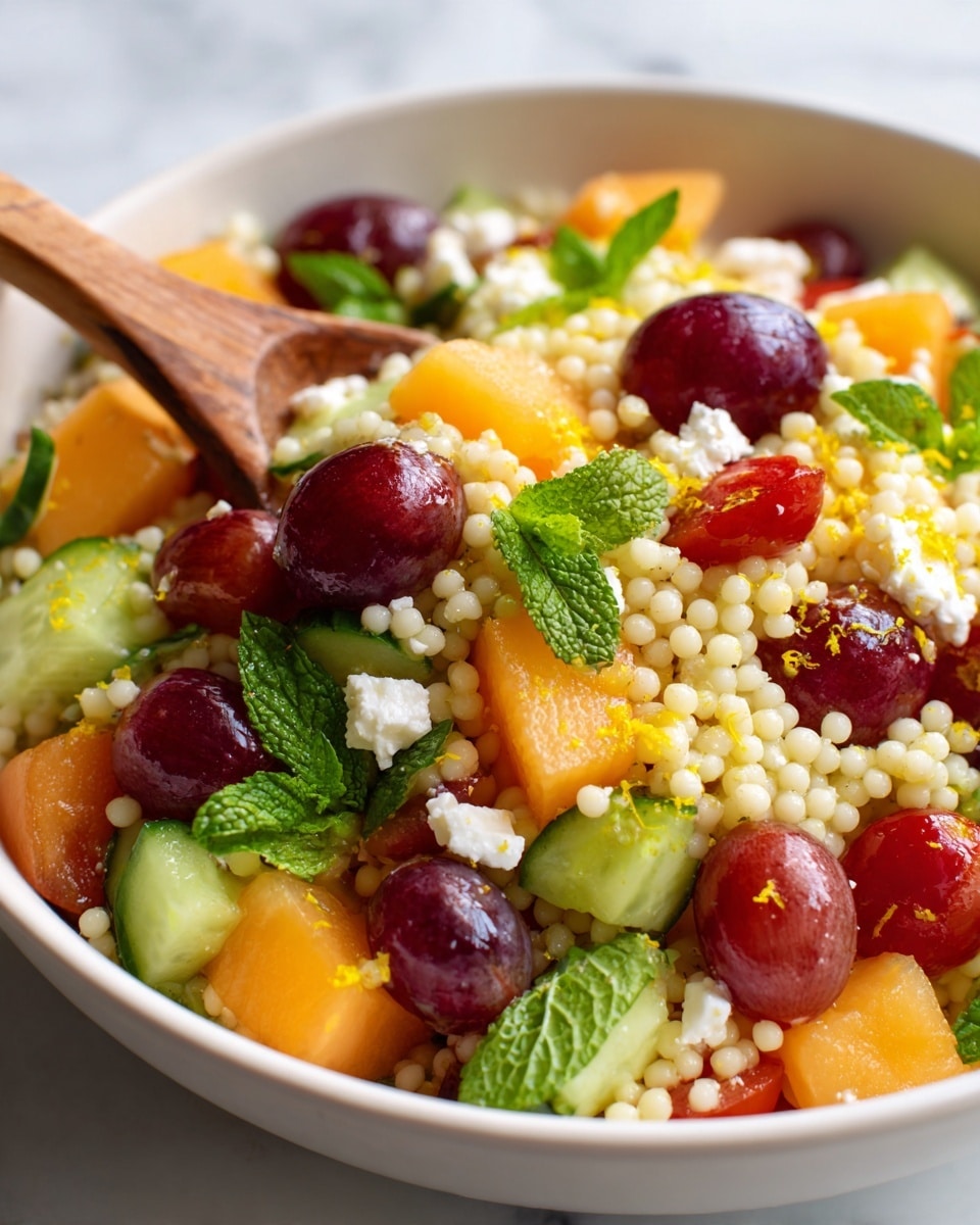 A close-up view of a white bowl filled with a colorful salad placed on a white marbled surface, featuring multiple layers including round pearl couscous as the base, scattered with chunks of orange cantaloupe, halved red and purple grapes, halved bright red cherry tomatoes, and slices of green cucumber. Small white cubes of feta cheese and fresh green mint leaves are mixed throughout, adding texture and color contrast. Some yellow zest is sprinkled on top, and a wooden spoon with a broad, flat surface is resting inside the bowl, slightly lifting some of the salad. The scene is softly lit, emphasizing the freshness and vibrancy of the ingredients photo taken with an iphone --ar 4:5 --v 7