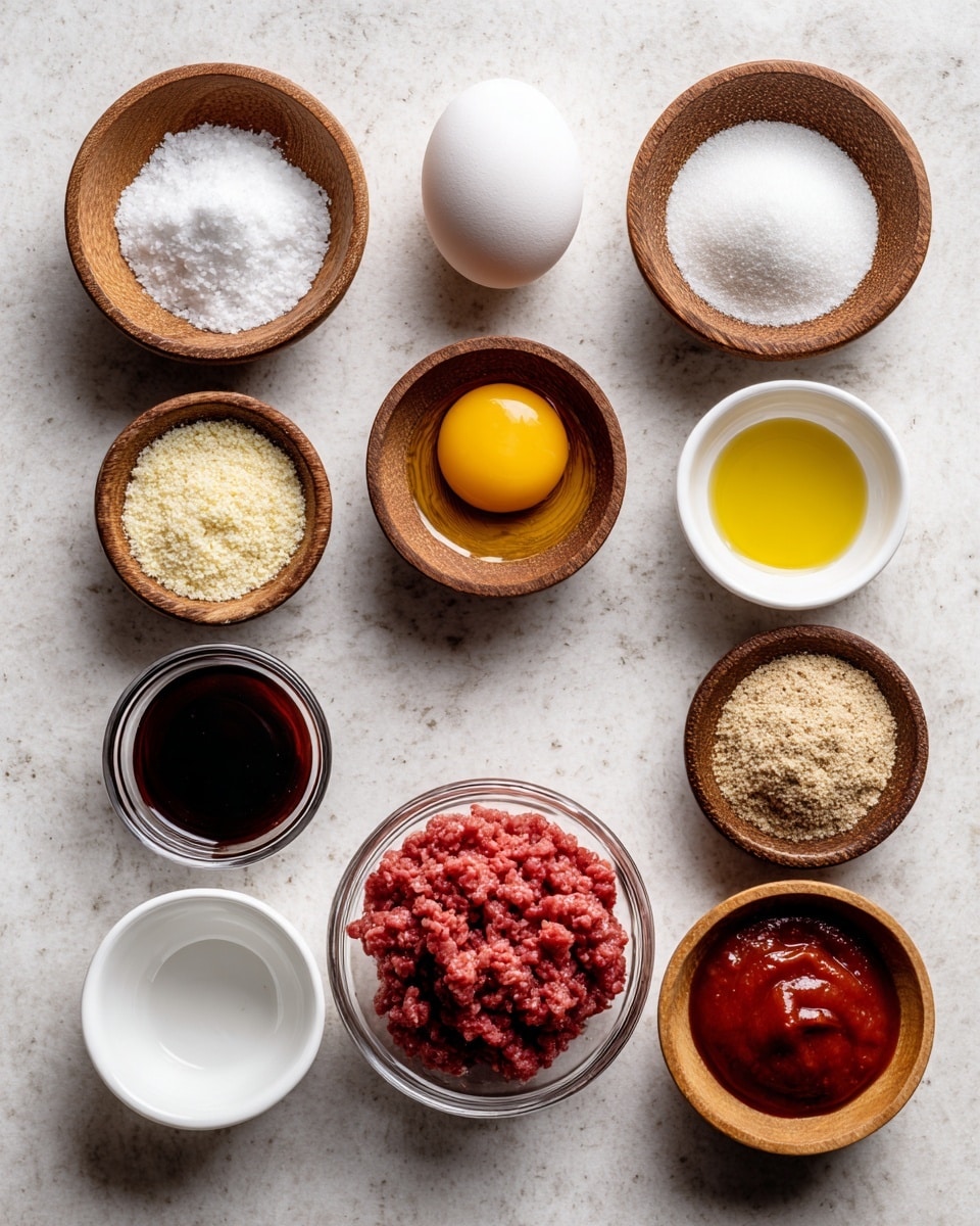 The image shows nine small white bowls arranged on a white marbled surface. From top to bottom in the first row, the first bowl is wooden with white salt, the second bowl is white with white powder, and the third bowl is white with yellow oil. In the second row, the first bowl is wooden holding a white egg, the second is glass with dark brown sauce, and the third is white with red ketchup. In the third row, the bowls are all white, with clear water on the left, light beige breadcrumbs in the middle, and light brown ground spice on the right. At the bottom center, there is a glass bowl filled with red raw ground meat. photo taken with an iphone --ar 4:5 --v 7