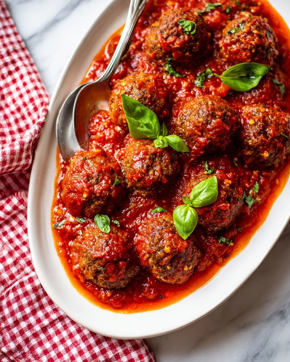 The image shows a white oval plate filled with large, round meatballs covered in a thick red tomato sauce with small green basil leaves scattered on top and around the meatballs. The meatballs have a browned, slightly crispy outside with a coarse texture visible, and the sauce looks rich and chunky, adding a bright contrast of red. There is a metal spoon partially resting on the plate on the left side, and the plate sits on a white marbled surface with a red and white checkered cloth partially visible in the background. photo taken with an iphone --ar 4:5 --v 7