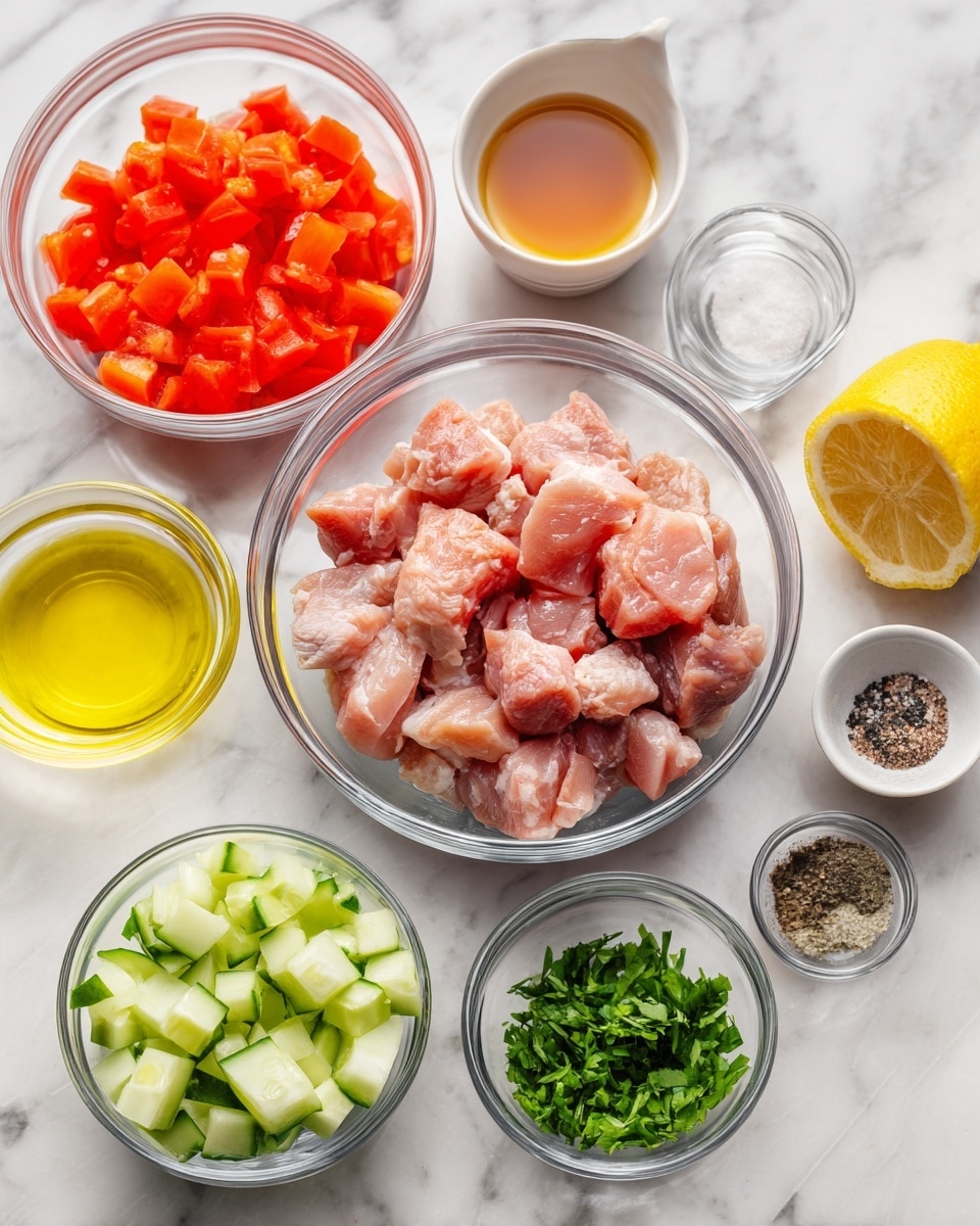 The image shows several clear glass bowls on a white marbled surface. The central bowl holds raw, pink pieces of chicken in medium chunks. Surrounding it are smaller bowls: one with finely chopped orange tomatoes, another with light green diced cucumber, and one with bright green chopped herbs. There's a small bowl of yellow oil and another with light brown liquid. Also visible are small bowls containing coarse white salt and black pepper. A bright yellow half lemon is placed near the bowls. All ingredients are neatly arranged and clearly visible. photo taken with an iphone --ar 4:5 --v 7
