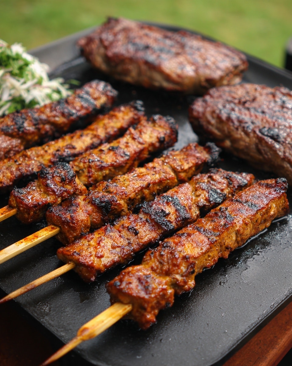 This image shows five long wooden skewers placed close together on a dark metal grill pan. Each skewer is loaded with small pieces of grilled meat that are golden brown with dark char marks and some blackened crispy spots. At the far end of the pan, there are two larger pieces of grilled meat with similar dark char marks and a juicy texture. The background is blurry with green grass visible, and the overall scene looks like an outdoor barbecue. photo taken with an iphone --ar 4:5 --v 7