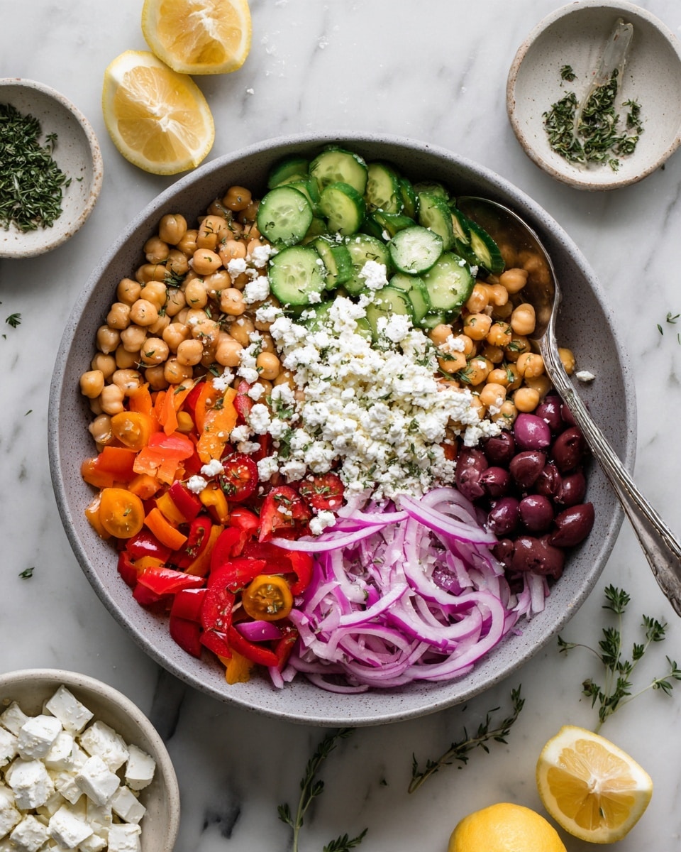 A large grey bowl sits on a white marbled surface filled with a colorful salad made of three main layers. The bottom layer is small beige chickpeas spread evenly as a base. On top of that, fresh bright green cucumber slices, some cut into halves and others quarters, are mixed with red and orange chopped bell peppers and sliced red onions with thin light purple rings scattered throughout. The top layer is crumbled white feta cheese sprinkled generously over the salad. There are also halved cherry tomatoes in bright red and dark purple olives mixed in. A silver spoon is tucked into the right side of the bowl. Around the bowl, small white dishes with herbs, lemon slices, and feta cubes are arranged on the white marbled surface. photo taken with an iphone --ar 4:5 --v 7