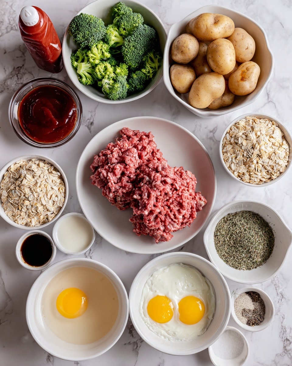 The image shows several white bowls and a white plate arranged on a white marbled surface, each filled with different ingredients for cooking. In the center, a white plate holds two types of raw ground meat, with one layer having a light pink color and the other a deeper red. Surrounding it are bowls with whole and cut small potatoes, green broccoli florets, finely chopped white onions, oats, and light brown sugar. Two cracked eggs sit in a white bowl with clear egg whites and bright yellow yolks. A small bowl contains a dark brown liquid, likely soy sauce, and another has a mix of dried herbs, salt, pepper, and garlic powder. Creamy egg whites or milk fills another bowl, and a bottle of red ketchup stands to the left of all the bowls. photo taken with an iphone --ar 4:5 --v 7