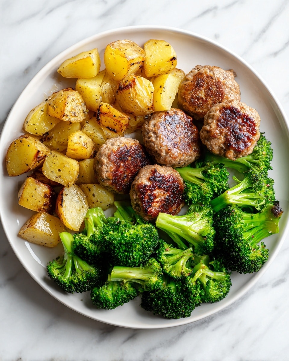 The image shows a white plate with three rows of food arranged neatly on a white marbled surface. The top row contains small golden brown roasted potato pieces, cut into bite-sized chunks. The middle row has four round baked meat patties with a slightly shiny, browned crust. The bottom row features bright green broccoli florets that are cooked but still fresh looking, with some light char marks. The colors of the food contrast well with the white plate and marbled background, creating a warm and appetizing look. Photo taken with an iphone --ar 4:5 --v 7