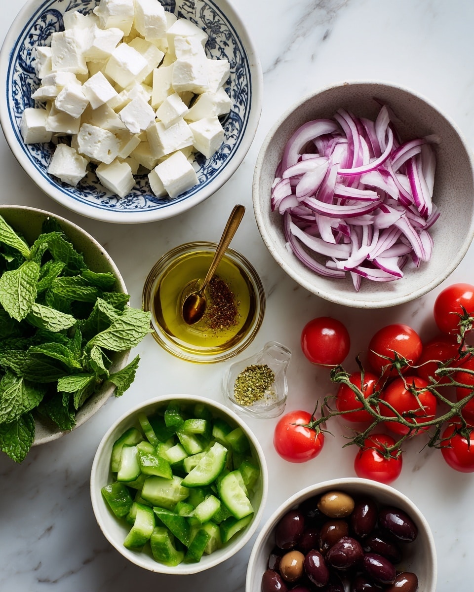 This top-down image shows seven white bowls and a cluster of vine tomatoes arranged on a white marbled surface. Starting from the top center, there is a bowl filled with cubed white cheese. To the right of this bowl is a bowl with sliced red onions showing purple and white layers. Below the cheese bowl is a small glass bowl with golden oil and spices with a gold spoon resting inside it. To the right of that, bright red cherry tomatoes still attached to green vines lie on the surface. Below the onions and oil is a bowl with shiny dark purple olives. On the bottom left, two white bowls hold sliced green cucumber and chopped green bell pepper, showing their fresh green textures. To the left of the cheese bowl, a patterned white bowl with blue rim holds fresh green mint leaves, some slightly curled. photo taken with an iphone --ar 4:5 --v 7