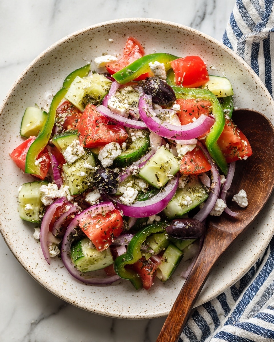 A white speckled plate holds a colorful Greek salad layered with chopped green cucumbers, red tomatoes, green bell peppers, thin curved slices of purple onion, black olive rings, and crumbled white feta cheese, all tossed with herbs. A dark wooden spoon lies resting on the salad. The plate is set on a white marbled surface with a blue and white striped cloth in the background. photo taken with an iphone --ar 4:5 --v 7