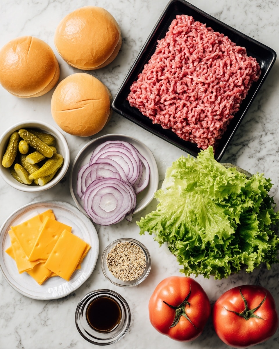 The image shows fresh ingredients for making a burger arranged on a white marbled surface. In the center, there is a black tray holding a thick layer of raw ground meat with a coarse texture and pinkish-red color. To the left are three light golden brown bun tops with a soft, slightly shiny texture. Above the buns, there is a small white bowl filled with bright green pickle slices, and two halves of purple-red onion rings with visible layers resting on the surface. On the right side, a white plate holds fresh green leafy lettuce with a ruffled texture and three bright orange-yellow cheddar cheese slices stacked neatly. Near the plate, a small clear glass bowl contains a mix of beige and black seasoning granules. A small white bowl below the seasoning cup holds a dark, glossy sauce with smooth texture. At the bottom right, two whole red tomatoes with a shiny skin and green stems remain on the white marbled background. photo taken with an iphone --ar 4:5 --v 7